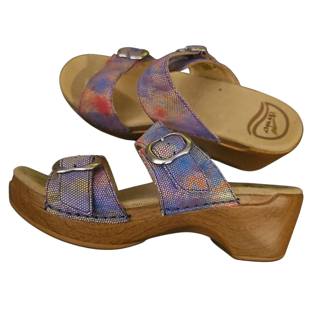 Dansko Sophie Sandals 37 Sparkle Slide Purple Rainbow Buckle Iridescent Slip On - Picture 4 of 6